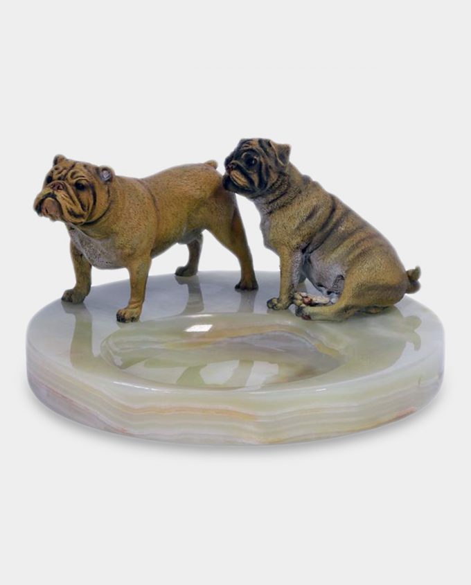 Onyx Ashtray with Dogs Bronze Sculpture