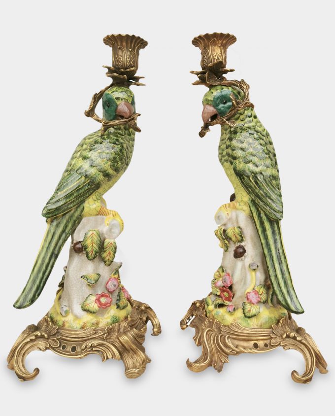 Bronze Mounted Porcelain Candle Holders Green Parrots