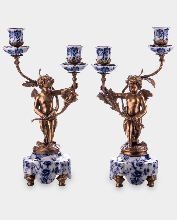 Porcelain Candle Holders with Angels Blue