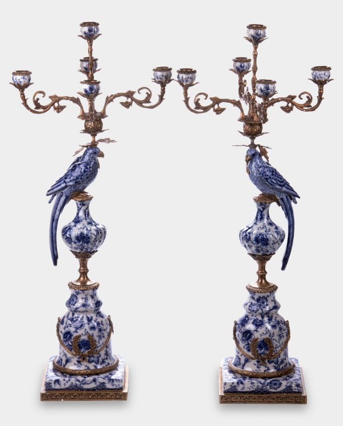 Porcelain Four Branches Candelabras with Blue Parrots