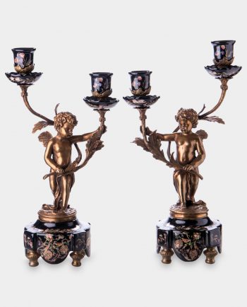 Bronze and Porcelain Candle Holders with Angels Black