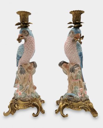 Bronze Mounted Porcelain Candle Holders Blue Parrots