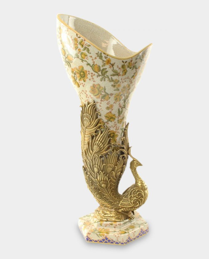 Bronze Mounted Porcelain Vase Peacock Cream