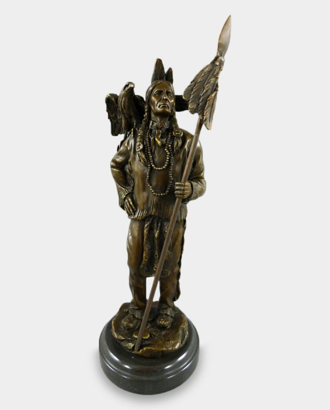 Indian Chief with Spear and Eagle Bronze Sculpture