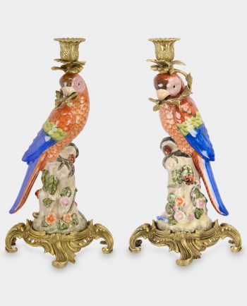 Bronze Mounted Porcelain Candle Holders Red Parrots