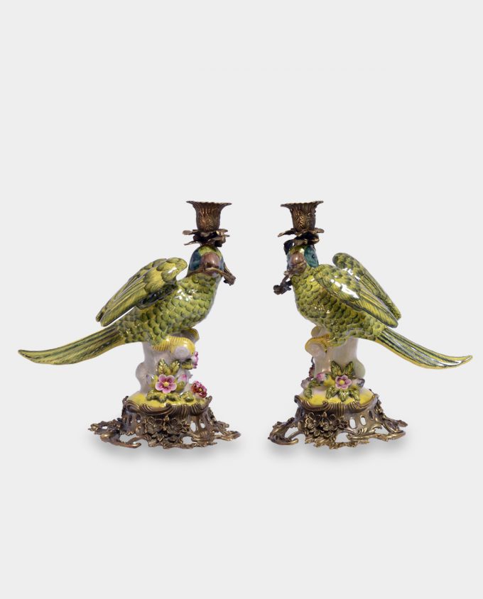 Porcelain Green Parrot Candle Holders