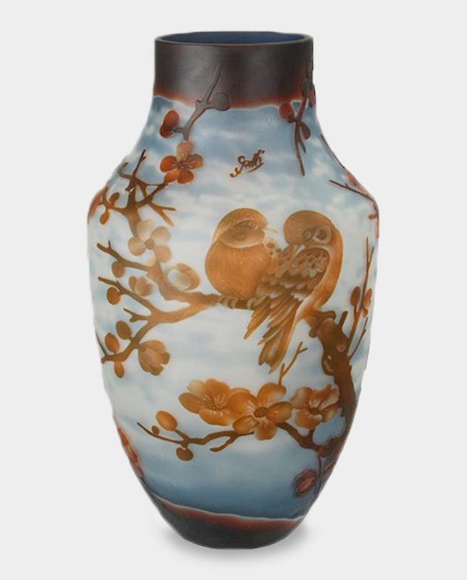 Glass Vase Emile Galle Style Titmouse Among Flowers