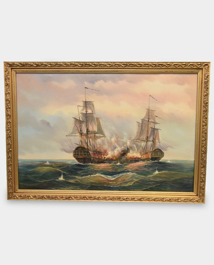 Oil Marine Painting Sailing Ships in Naval Battle 2