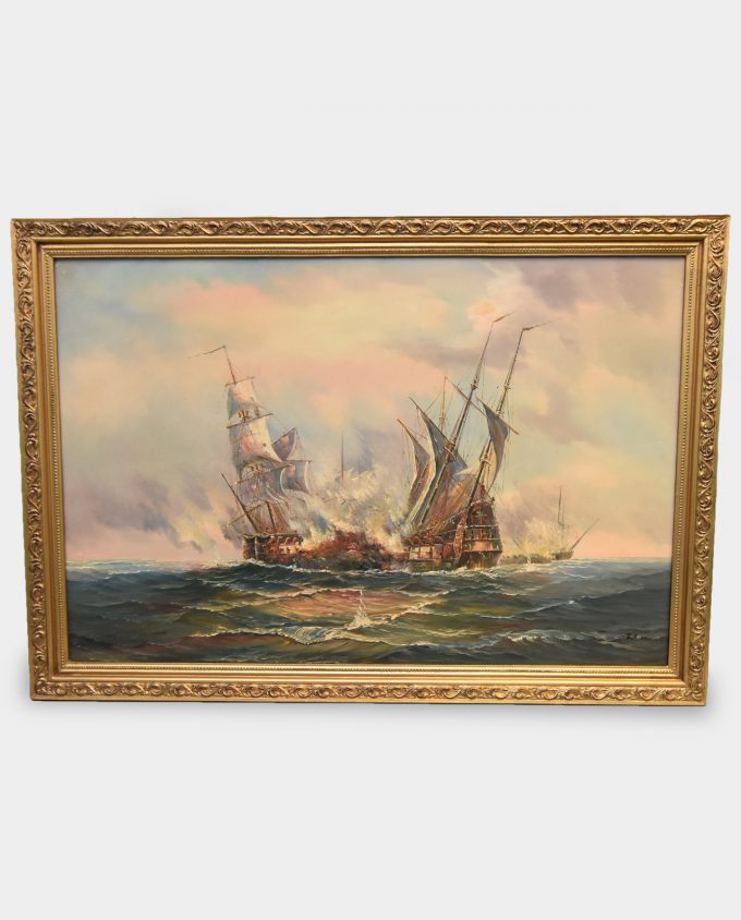 Oil Marine Painting Sailing Ships in Naval Battle 1