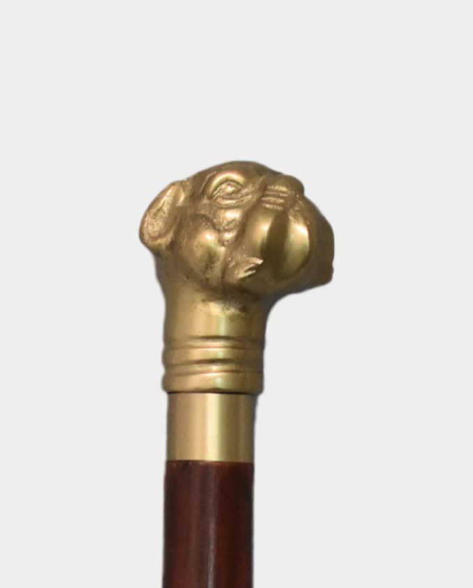 Wooden Walking Stick with Bulldog Head Brown and Gold