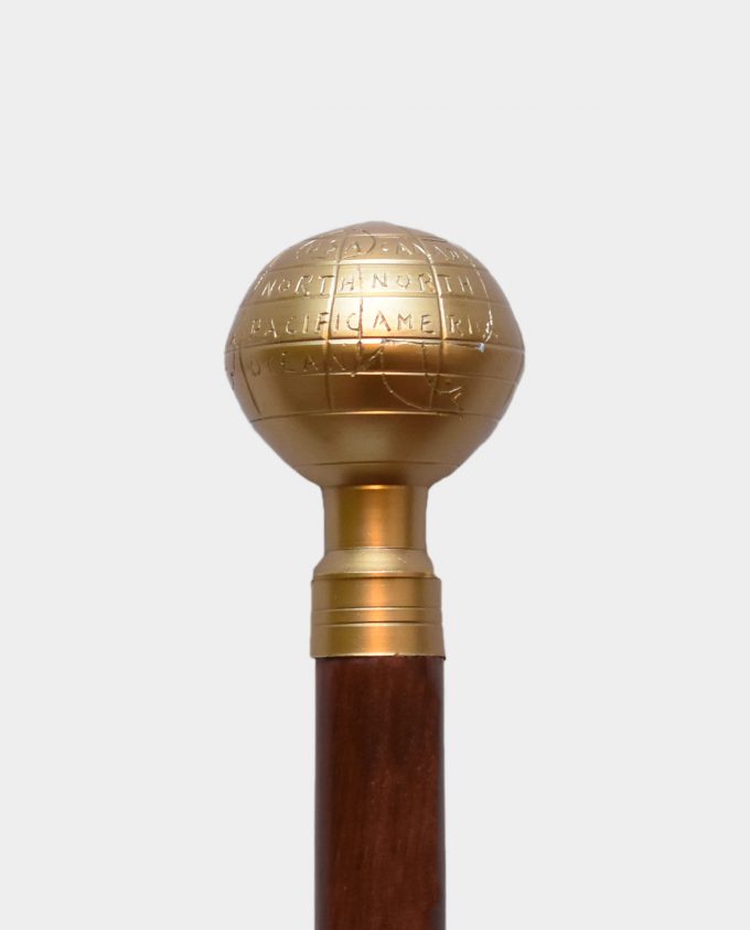 Wooden Walking Stick with Globe Brown and Gold