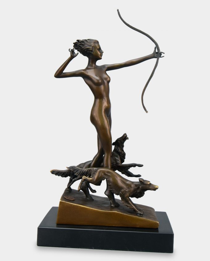 Diana with Bow and Dogs Bronze Sculpture