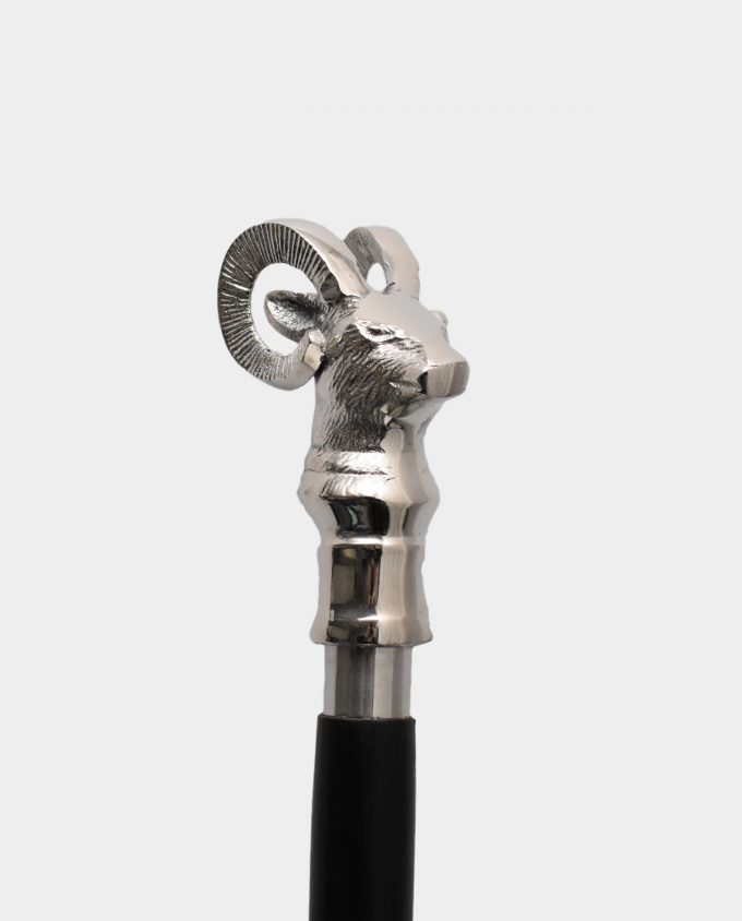 Wooden Walking Stick with Mouflon Head Black and Silver