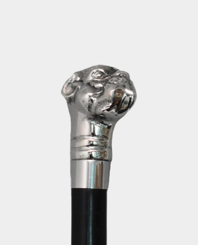 Wooden Walking Stick with Bulldog Head Black and Silver