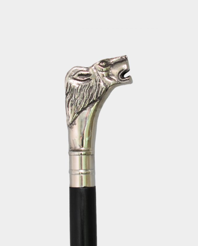 Wooden Walking Stick with Lion Black and Silver