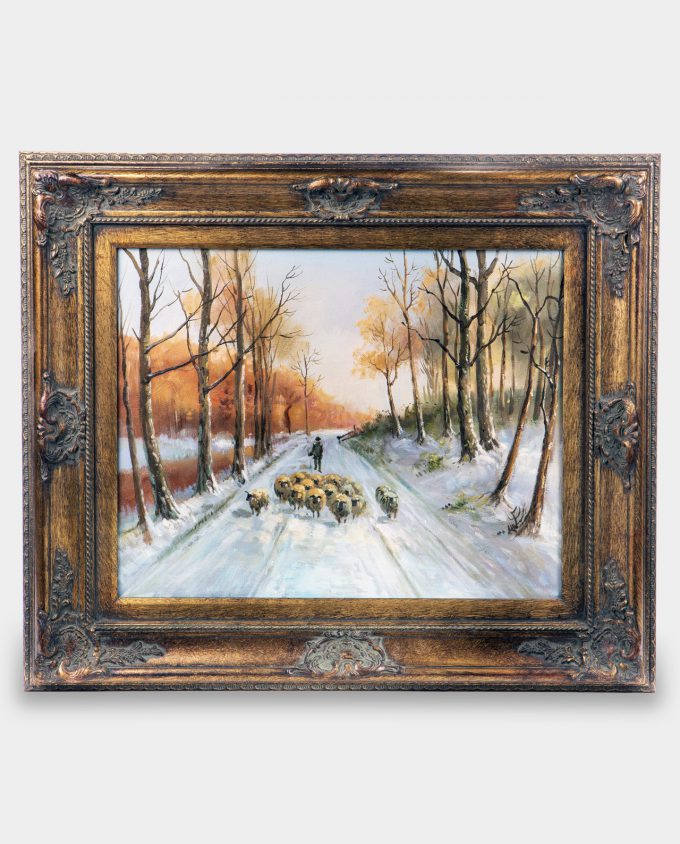 Oil Painting Sheep Herd on Forest Path