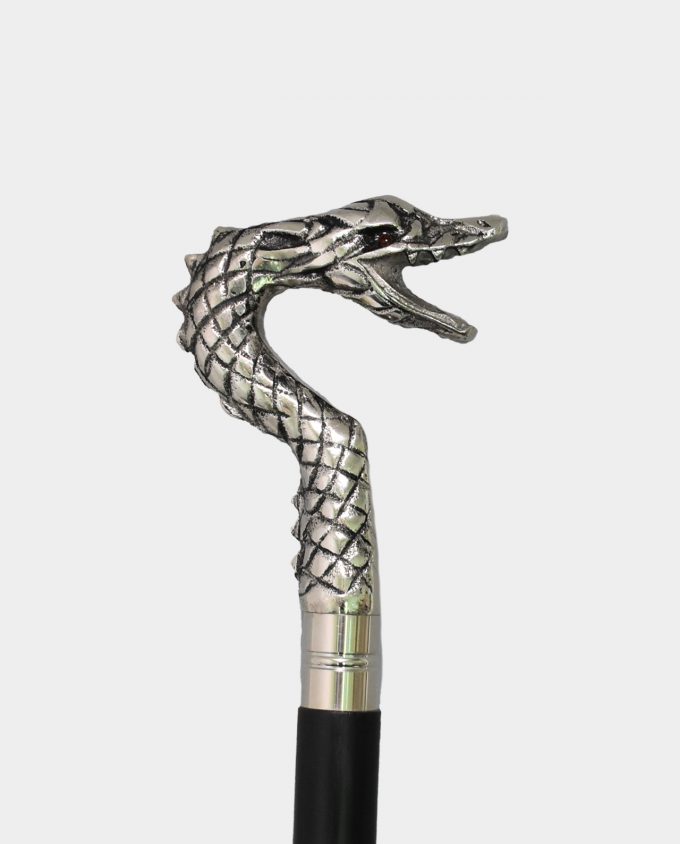 Wooden Walking Stick with Dragon Head Black and Silver
