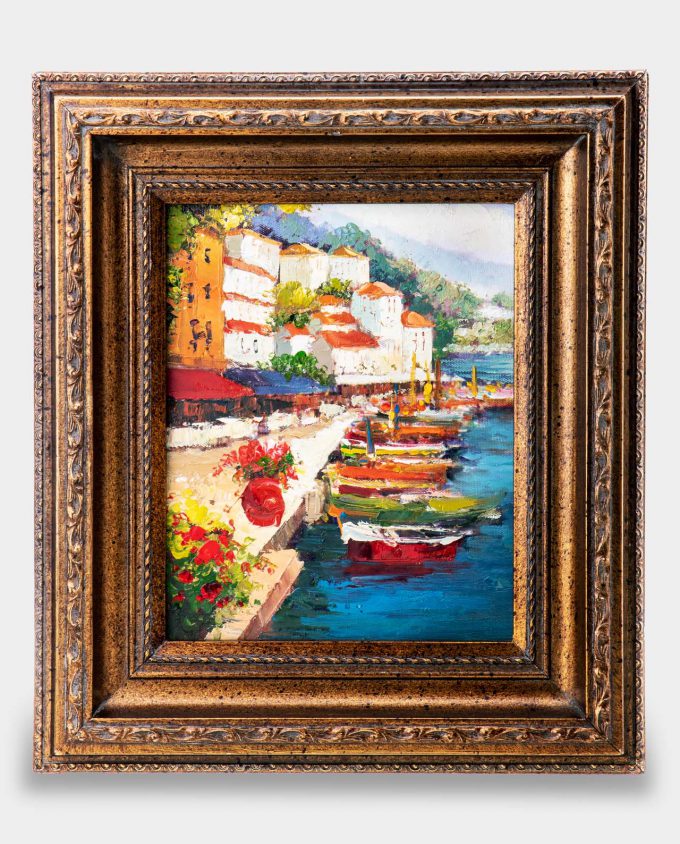 Oil Painting Marine Theme Colorful Boats at the Coast