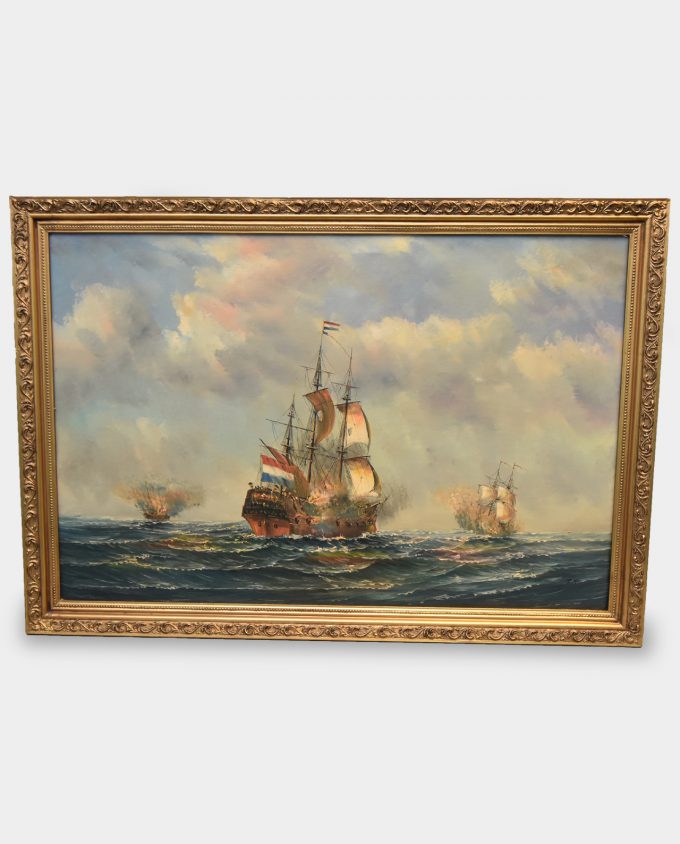 Oil Marine Painting Sailing Ships in Naval Battle 3