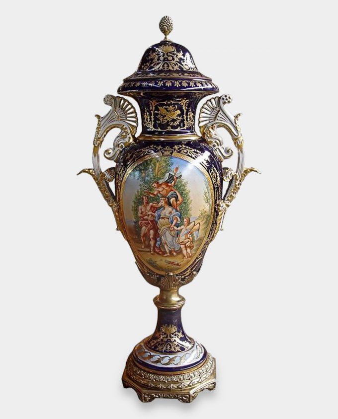 Bronze Mounted Tall Porcelain Amphora Hand Painted
