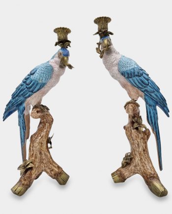 Set of Two Porcelain Candle Holders Blue Parrots