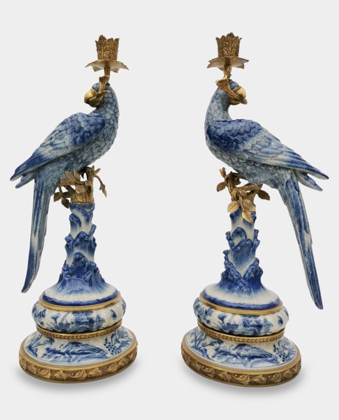 Set of Two Porcelain Bronze Mounted Blue Parrots Candle Holders