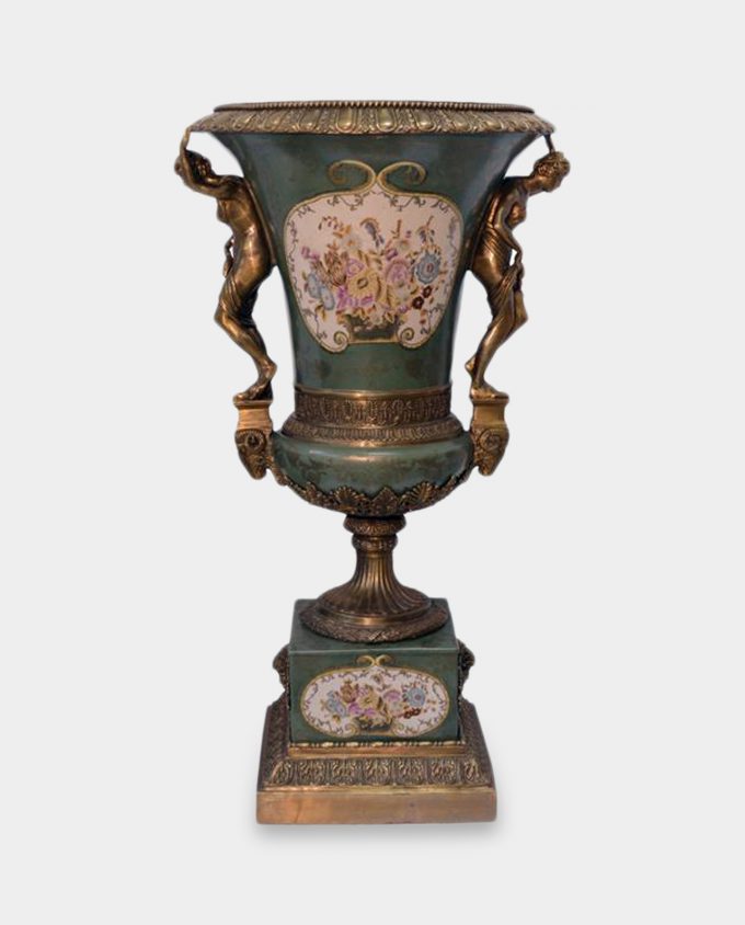 Bronze Mounted Porcelain Vase in Greek Style on a Pedestal
