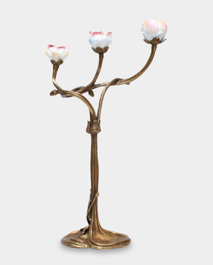 Porcelain Candlestick with Flowers on a Bronze Base
