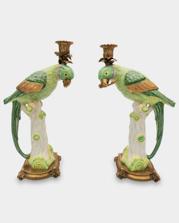 Set of Two Porcelain Candle Holders Green Parrots
