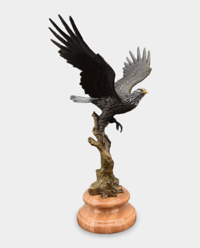 Flying Eagle Bronze Sculpture on Wooden Base