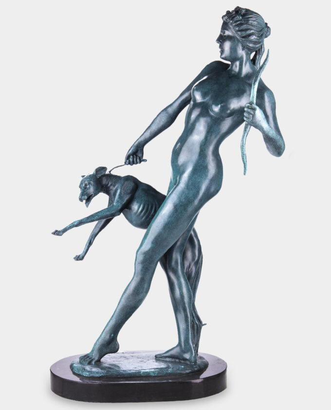 Large Diana with Greyhound Bronze Sculpture in Green Patina