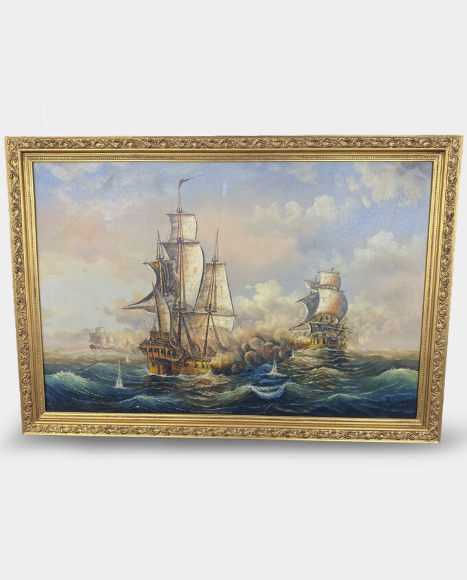 Oil Painting Naval Battle Sailing Ships in Gold Framed