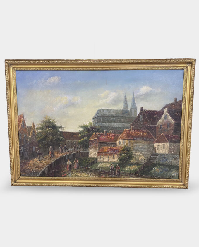 Oil Painting on Canvas Medieval City of Prague Cityscape Gold Framed