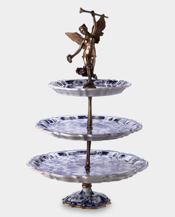 Blue Porcelain Étagère with an Angel Three Tier Tray for Cake or Fruit