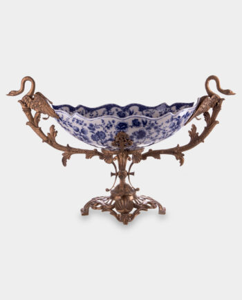 Bronze Mounted Porcelain Bowl with Swans White and Blue