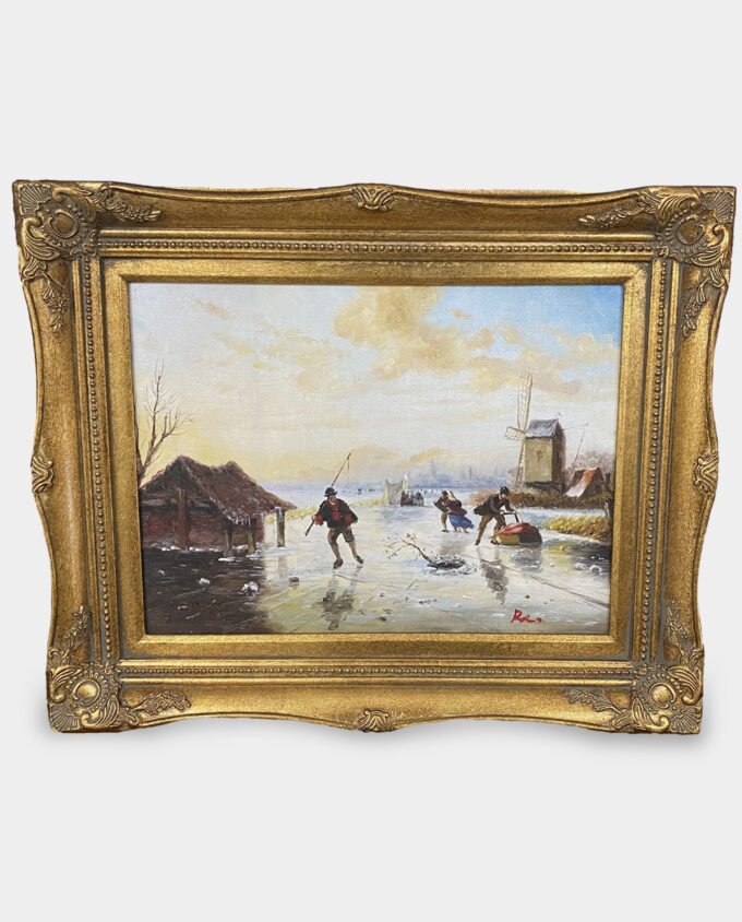 Classic Oil Painting on Canvas Villagers at the Ice Rink with a Golden Frame