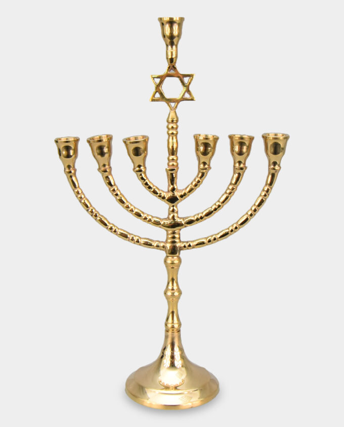 Seven-Armed Candlestick Judaic Menorah with The Star of David Golden