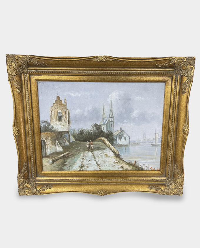 Classic Oil Painting Old Harbor Landscape with a Golden Frame