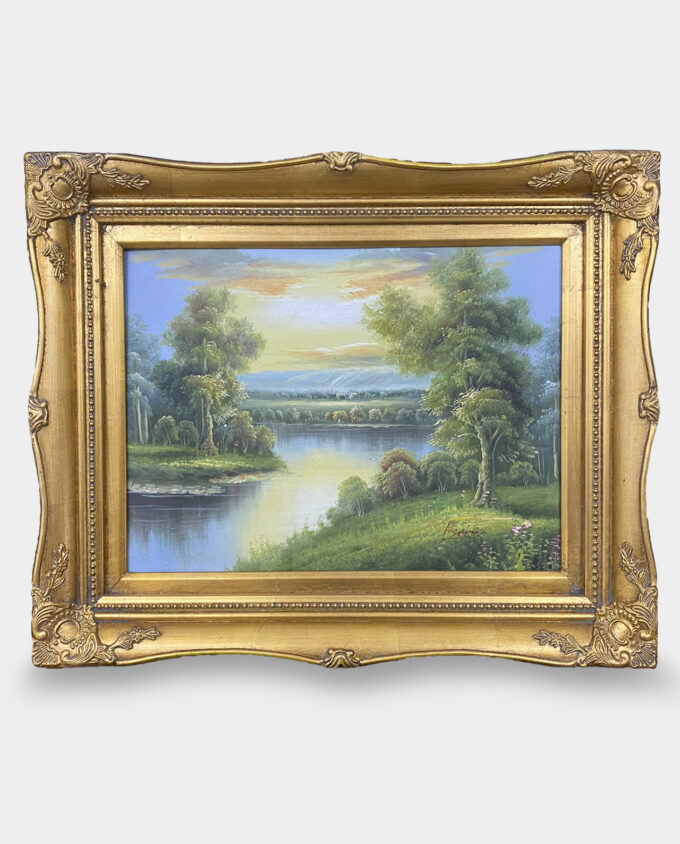 Classic Oil Painting Landscape Trees by the Lake with a Golden Frame