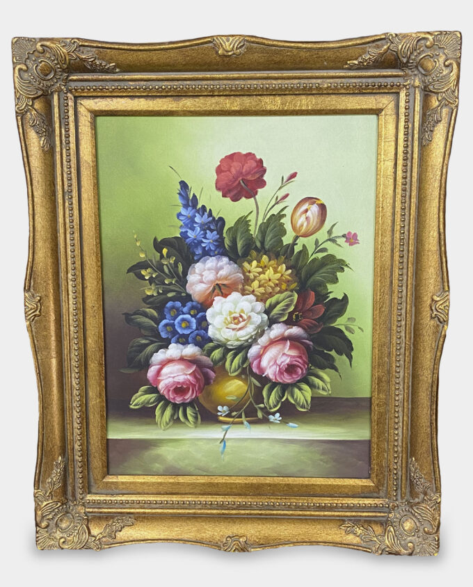 Oil Painting Still Life Flower Bouquet with a Golden Frame