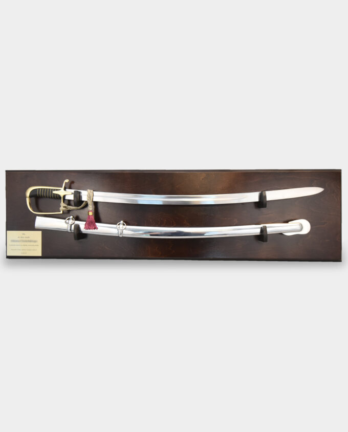 Ready Made Gift Set Officer Saber with Scabbard on a Wooden Brown Board Engraved Dedication