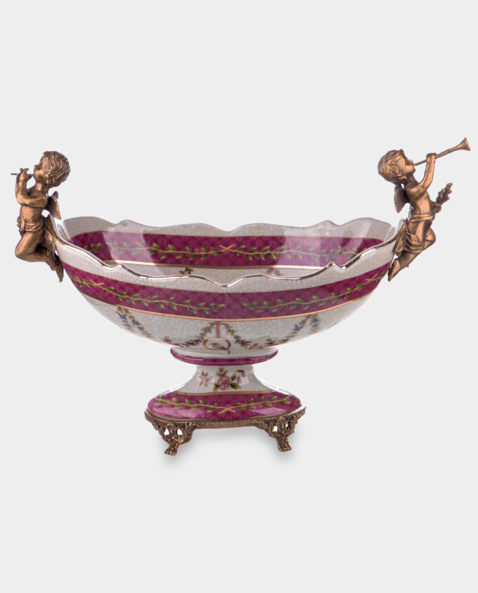 White and Red Porcelain Bowl with Bronze Cherubs with Pipes