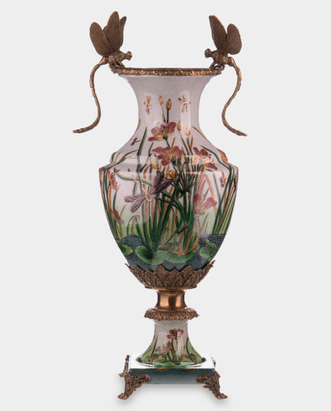 Bronze Mounted Porcelain Amphora Vase with Dragonflies