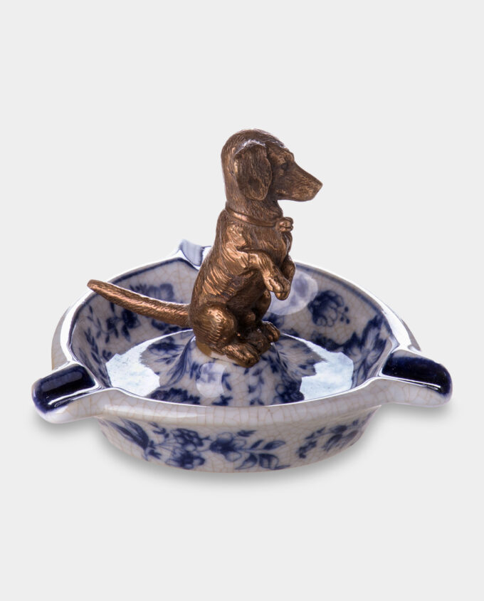 Porcelain Ashtray with Bronze Dog Figurine White and Blue