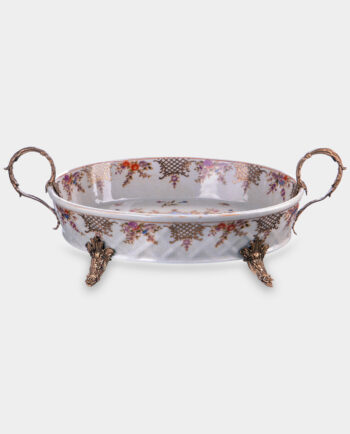 White Porcelain Bowl with Flowers and Bronze Elements