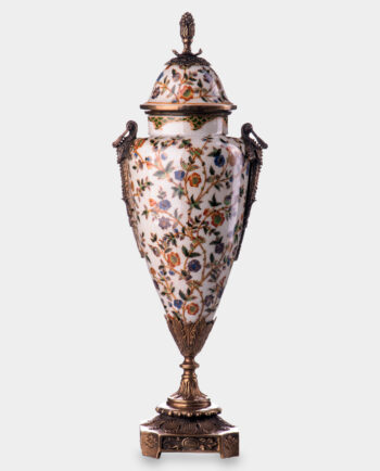 Bronze Mounted Porcelain Amphora with Lid White with Flowers