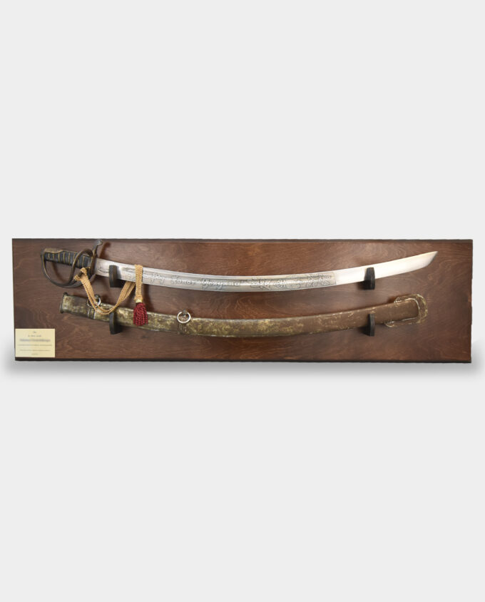 Ready Made Gift Set Cavalry Saber Radziwillowka Patinated with Scabbard on a Wooden Board Dedication