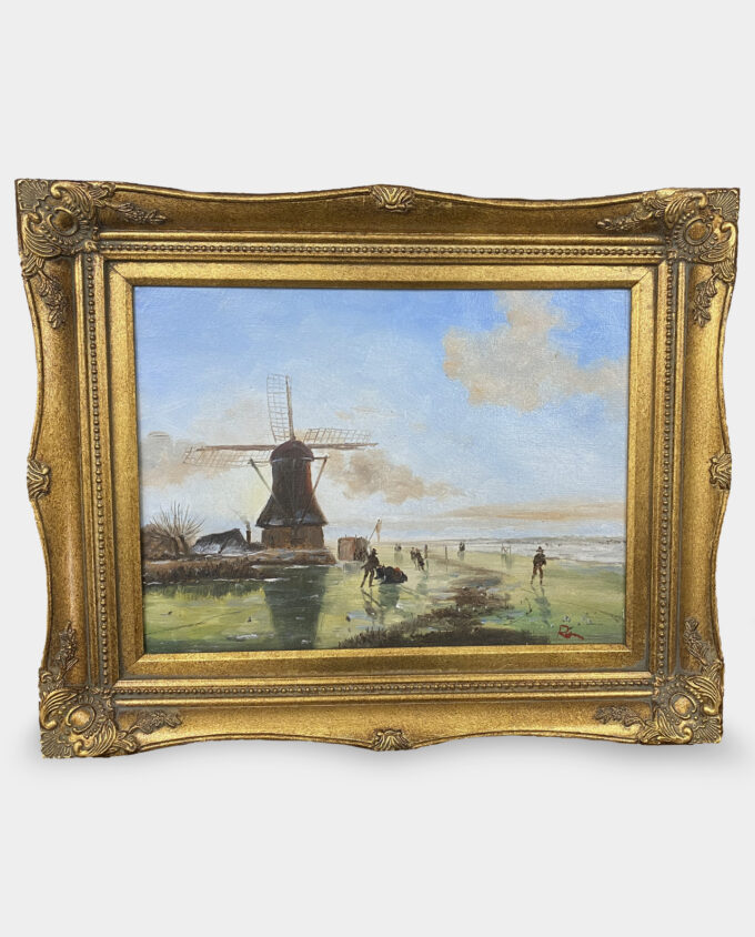 Classical Oil Painting Seaside Landscape Windmill Gold Framed