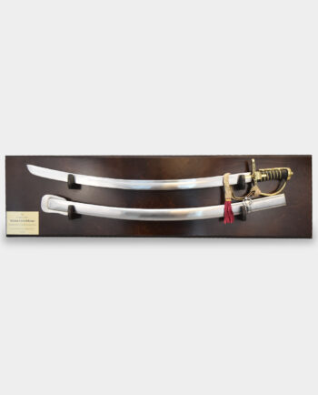 Ready Made Gift Set Hussar Saber Blank with a Thumb Ring and Scabbard on a Wooden Brown Board Dedication