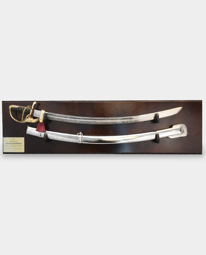 Ready Made Gift Set Cavalry Saber Radziwillowka Engraved with Scabbard on a Wooden Brown Board